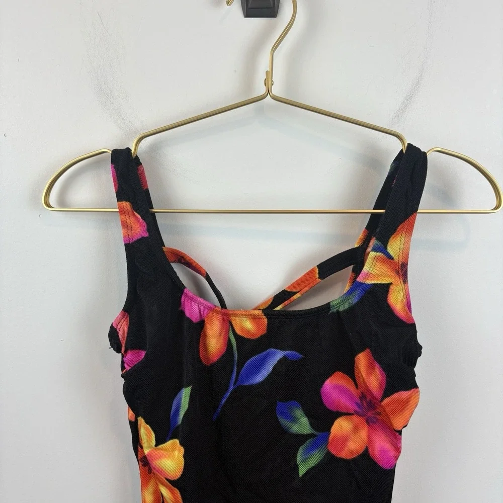 Vintage 80's Nylon Mesh Black Floral Pink One Piece Swimsuit Robby len Size 10 M